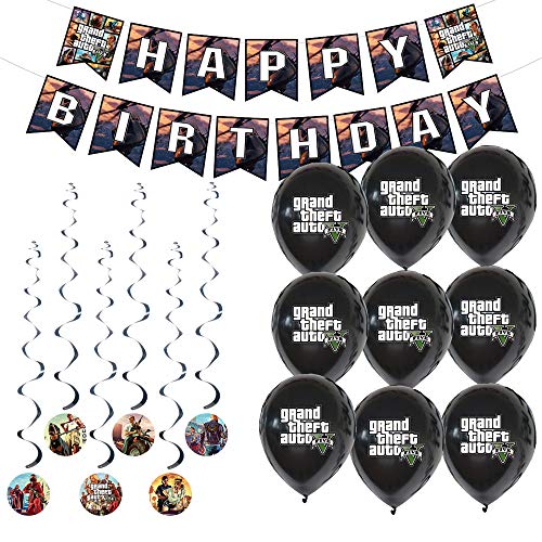 Klionjor Birthday banner Grand Theft Auto GTA5 game theme Birthday party decoration set 1 set of pull flag + spiral decoration 6Psc balloon 18Pcs 25Pcs