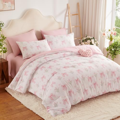 Sedefen Pink Bow Comforter Set Queen Size Floral Gingham Comforter Girls Princess Style Bowknot Printed on White Bedding Set Ultra Soft Microfiber Cottagecore 3 Pcs for Women