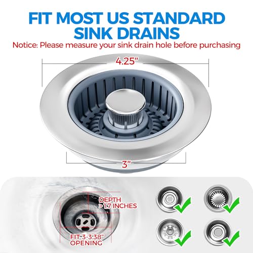 Kitchen Sink Drain Strainer - 3Pack Sink Stopper, Drain Protector, Kitchen Drain Plug & Sink Installation Parts with Anti-Clogging Basket, Fit US Standard 3-1/2'' Sink Drain Hole, Silver