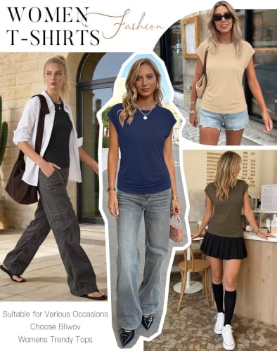 Image of Bliwov Womens Summer Tops Cap Sleeve Crew Neck Casual T Shirts
