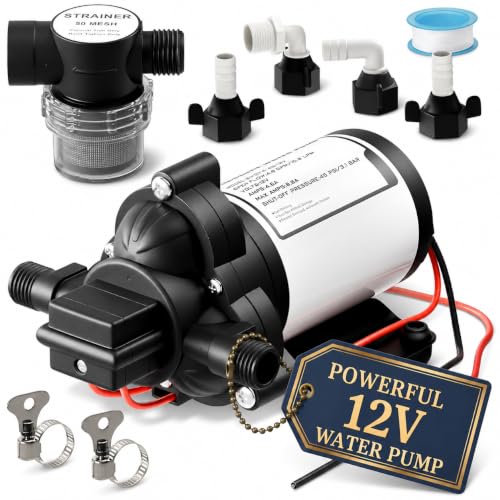 12V Water Pump Complete RV Kit - Powerful 4.0 GPM Flow 45 PSI 4.6A with Pressure Switch Self Priming Diaphragm Pump 98 Ft Lift Includes Hoses Clamps 50 Mesh Strainer Easy Setup for RV & Marine