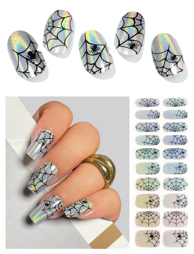 AutyaMee Semi Cured Gel Nail Strips (Laser Spider Web) Halloween 20 Pcs Gel Nail Wraps Stickers UV Light Required Salon Quality Long Lasting