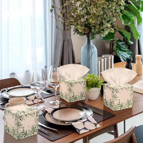 Image of Fourluoo 12 Pack Eucalyptus Facial Tissues Cube Boxes, 600 Sheets 3 Ply | Small Square for Bedroom Car Office Desk, Green Eucalyptus Leaf Print, Soft Tissues Bulk for Fall Spring Home Decor Supplies