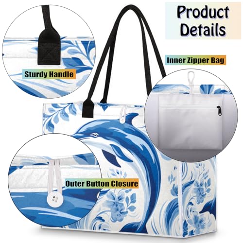 Art Blue Dolphin Tote Bag for Women Large Beach Bag Reusable Tote Bags for Work Travel Beach Shopping4