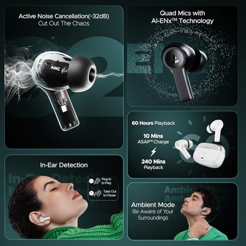 Image of boAt Airdopes Flex 454 ANC, 60HRS Battery, ANC(~32dB), App Support, 4Mics ENx, Fast Charge, Dual Pairing, IPX5, v5.2 Bluetooth Earbuds, TWS Ear Buds Wireless Earphones with mic (Gunmetal Black)