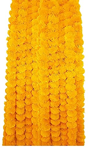 Pack of 5 Artificial Marigold Flowers Set for Decoration for Party and Functions and Premium Looks (Yellow) (Light Orange)