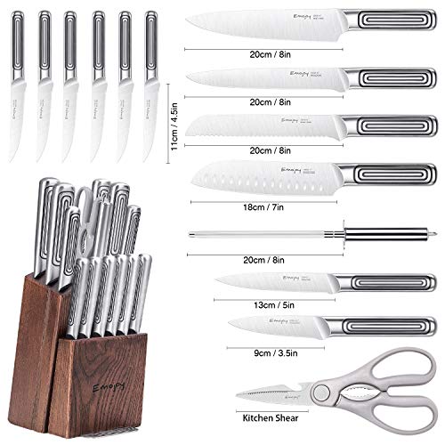 Knife Set, 15-Piece Kitchen Knife Set with Block Wooden and Sharpener Stainless Steel Hollow Handle for High Carbon German Stainless Steel Knife Block Set, Emo joy