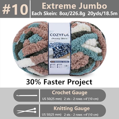 Image of Cozyful Chunky Yarn for Hand Knitting - #10 Chunky Chenille Blanket Yarn, Jumbo Big Thick Chunky Yarns for Crocheting, Tie Dye Bulky Knit Yarns, 8 Skein (20 yds 8 oz Each Skein), Forest&Teal&Coffee