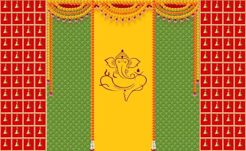 Image of Dhara Sacred Ganesha with Hanging Bells Backdrop - 8ft x 5ft, Premium Polyester Fabric, Ideal for Pooja, Religious Ceremonies, andbackdrop Cloth for Decoration Pooja
