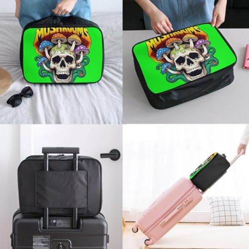 Luggage Lever To Hang Bags, Foldable Travel Storage Sports Gym Tote Bag, Carry On Tote Weekender Large Overnight Bag Trippy Skull And Mushroom Green Art2