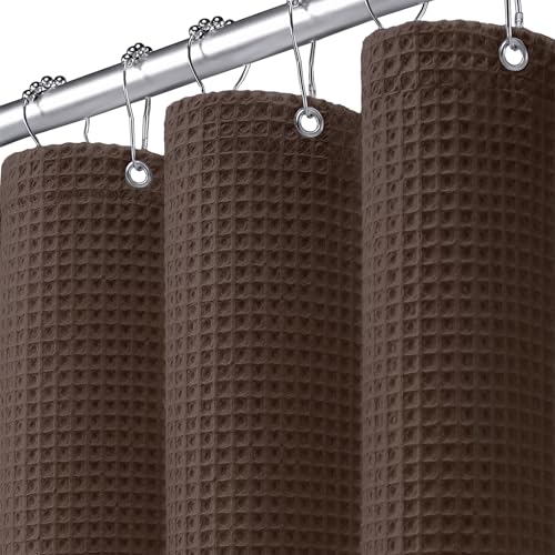 XOGUIBO Waffle Weave Shower Curtain - Brown Cotton Fabric Texture Heavyweight Shower Curtain for Bathroom Washable 72Wx72L