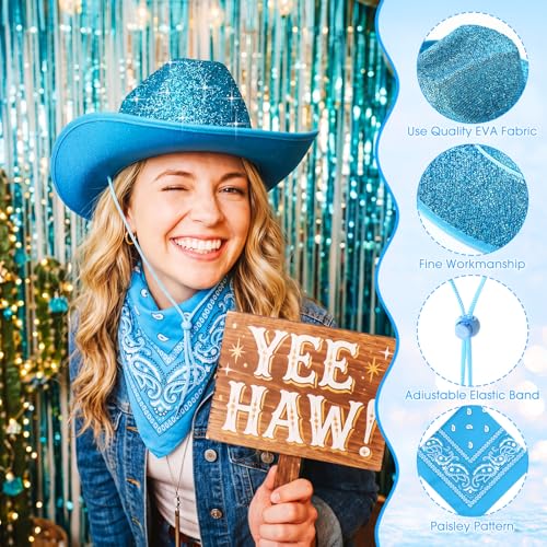 Image of Coume 12 Pcs Sparkly Adults Cowboy Hat and Bandanas Women Men Western Glitter Cowgirl Party Hats with Adjustable Drawstring