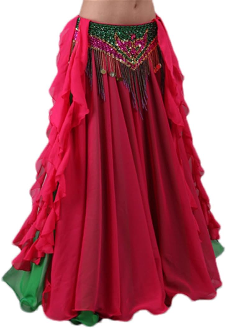 Women Performance Belly Dance Costume Waves Skirt Dress Girls Slits Skirt Chiffon Swing Skirt