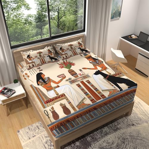 Sábana Ajustable Reina Egipcia Tradicional Sábana Bajera Estampada Microfibra Transpirable Cómoda 150 x 200 cm Sábana Bajera con 2 Fundas De Almohada Vistoso