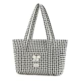 Molly Moon Tote Bag for Women, Quilted Gingham Tote Bag with Zipper, Quilted Cotton Shoulder Bag for Women, Lightweight Black Gingham bag for College, Travel, Daily, Women's Gifts for Sister Teachers