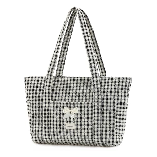 Molly Moon Tote Bag for Women, Quilted Gingham Tote Bag with Zipper, Quilted Cotton Shoulder Bag for Women, Lightweight Black Gingham bag for College, Travel, Daily, Women's Gifts for Sister Teachers