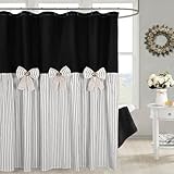 DOSLY IDÉES Farmhouse Black Shower Curtain,Bowknot,Cotton Woven and Cotton Blend Fabric,Pleated Black Stripe,Country Style,72x72 in