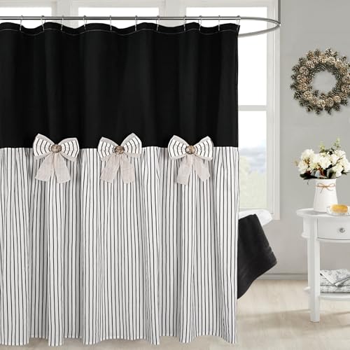 DOSLY Ides Farmhouse Black Shower Curtain with Bowknot, Cotton Woven