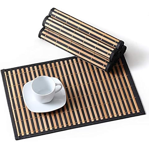 LOVECASA Placemats Set of 6, Bamboo Table Mats Set with Leaf Pattern, 18'' × 12'' Woven Placemat, Washable Heat-Resistant Place Mats for Kitchen, Black Leaf Cover
