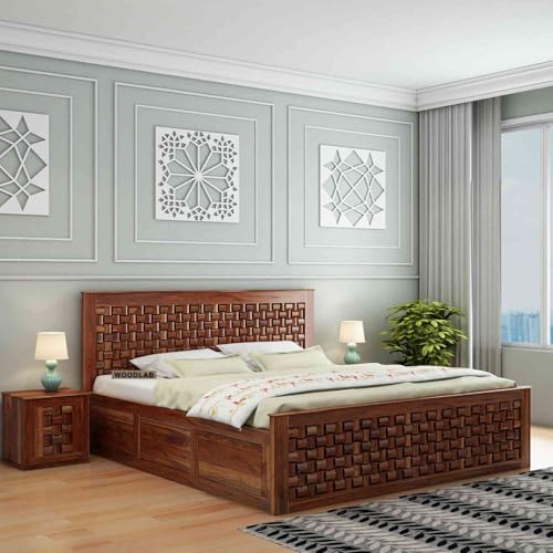 Image of WOODLAB Furniture Solid Sheesham Wood Niwar King Size Bed with Box Storage Wooden Double Bed Furniture Palang for Bedroom Living Room Home (Honey Finish)