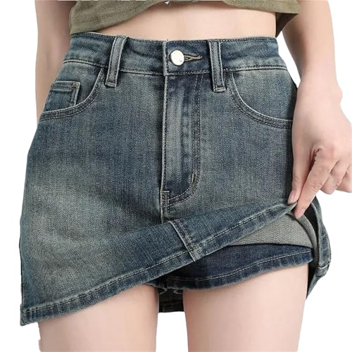 Women's High Waist Denim Skirt with Shorts & Pockets Casual