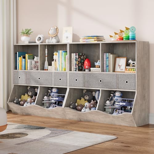 Amyove 2 Set Kids Bookshelf and Bookcase Toy Storage Multi Shelf with Cubby Organizer Cabinet and Drawers for Boys Girls, for Children's Room, Playroom, Hallway, Kindergarten, School (Grey)