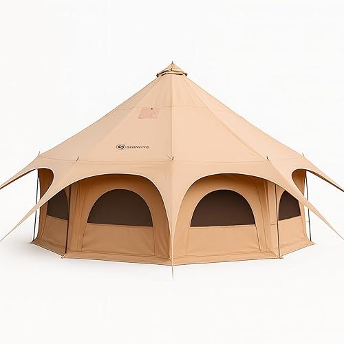 ShinHye Tienda de campaña Campana de 16.4 pies para glamping y camping, lona impermeable con gato de estufa, suelo extraíble y 8 ventanas de malla