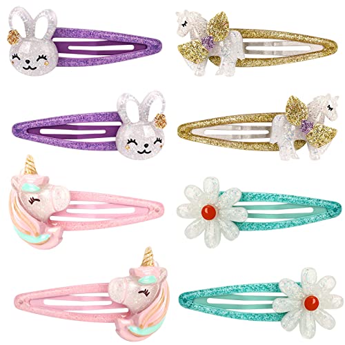Girls Flower Snap Hair Clips Unicorn No Slip Metal Hair Clips Girls Sparkly Unicorn Hair Accessories Toddlers Kids Hair Clips Colorful Rabbit Barrette Hair Pins for Party Birthday Gift Supplies Favors 8Pcs