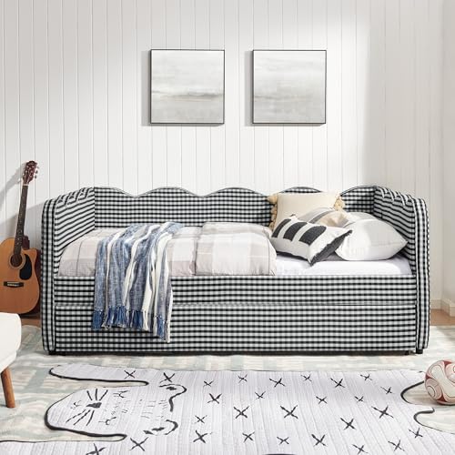 Image of KEIKI Full Size Upholstery Gingham Daybed with Trundle and USB, Black