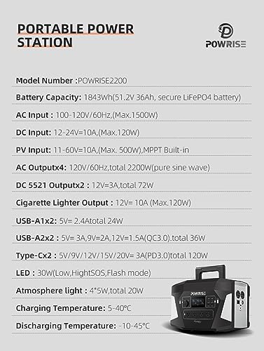 POWRISE 2200W Portable Power Station(4000W Peak),1.5H Super Fast Charging,UPS Function,1843Wh LiFePO4 Battery Backup w/ 13 Outlets (AC DC USB),Solar Generator for Outdoor Camping,RV,Home Use,Emergency - Image 3