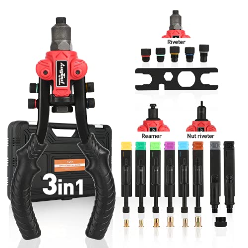 AugTouf 11' Rivet Nut Tool, 3 in 1 Set - Rivet Gun+Rivet Nut Tool+Reamer| Including 6 Metric & SAE Mandrels with 60Pcs Rivet Nuts, 5 Rivet Heads, 2 Reaming Mandrels and Carrying Case