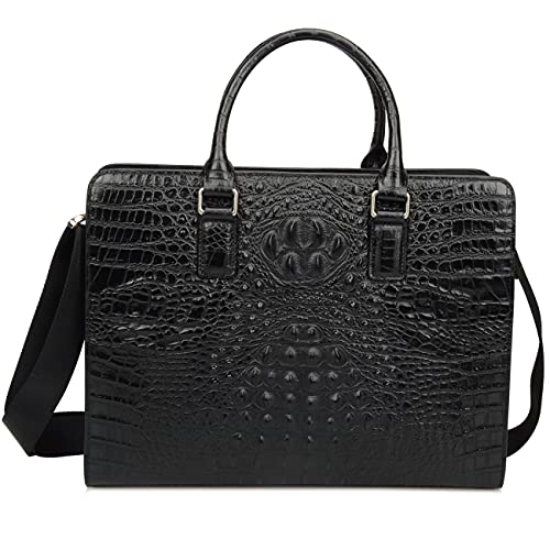 Ainifeel Men's Crocodile Embossed Genuine Leather Briefcase 15'' Laptop Bag Handbags For Business (Black)