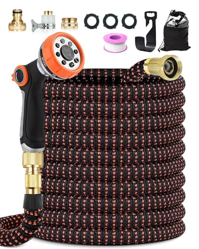 150FT Expandable Garden Hose Pipe 45MFlexible Hose with Upgarded 10 Spray Modes and 3/4&1/2 Metal Connectors 4-Layer Latex Core No-Leak Design for Car Washing and Gardening Thumb Switch