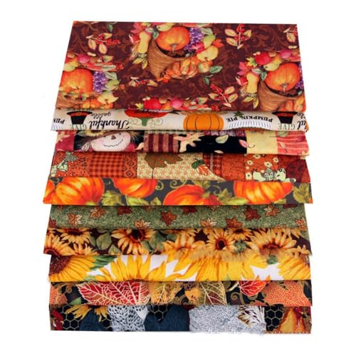 Waltonalice Lot de 10 carrés de tissu pour Thanksgiving Patchwork Automne Carré Citrouille érable Tournesol Coton pour Automne Halloween Bricolage Artisanat Couture Décor de fête 1# 50 x 50 cm