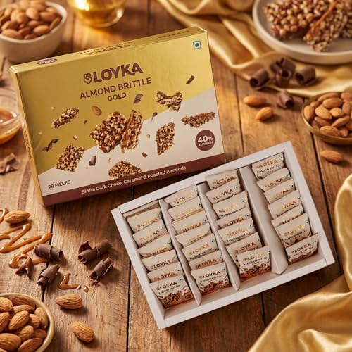 Image of Loyka Almond Brittle Gold Choco Box - 28 pcs |Premium Chocolate Gift Hamper | Chocolate & Nut Dryfruit Delicacy | Roasted California Almonds (40%), Dark Choco & Salted Caramel|Any-time snack,408 grams