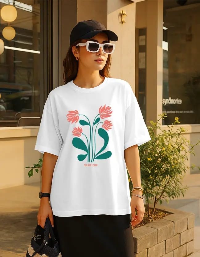 Image of JUNEBERRY 100% Pure Cotton Oversized Loose Baggy Fit Drop Shoulder Half Sleeve Round Neck Cool Front Teddy Printed Cork & White T-Shirt for Women /Girls (Available in from S to 2XL)
