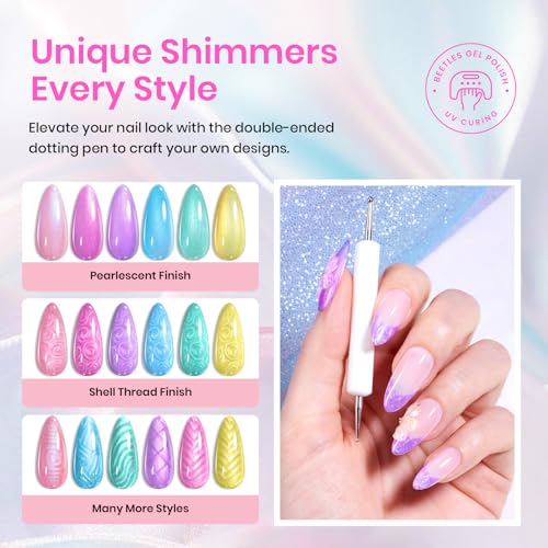 Image of Beetles Pearl Gel Nail Polish Set, 6 Colors Rainbow Shimmer Gel Nail Polish | Pink Yellow Green Purple Blue Iridescent Gel Creates Mermaid-Style Swirl, Shell Thread Nail Art