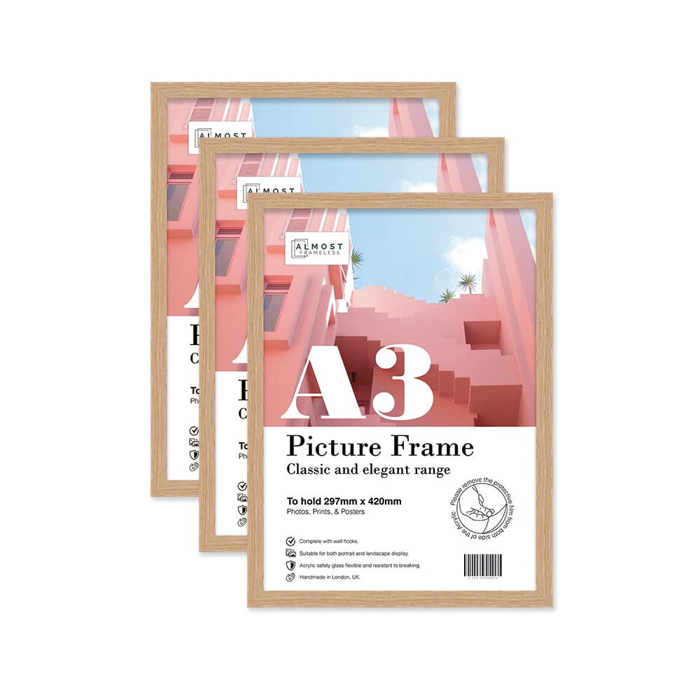 Almost Frameless A3 Oak Picture Frame Set of 3, Display A3 Picture Gallery Wall, Poster, Photo, Artwork, or Print, Oak