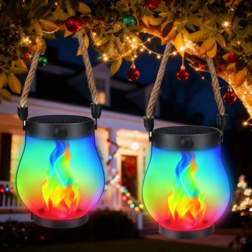 Jyoiat 2 Pack Solar Outdoor Lanterns, Dancing Flame Lights, Multicolor - image 1
