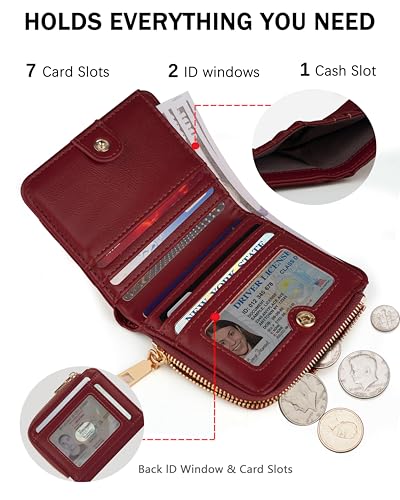 Image of Small Bifold Wallets Woman RFID Mini Wallet for Women Slim Card Holder with Zipper Coin Pocket & 2 ID Windows (Burgundy)