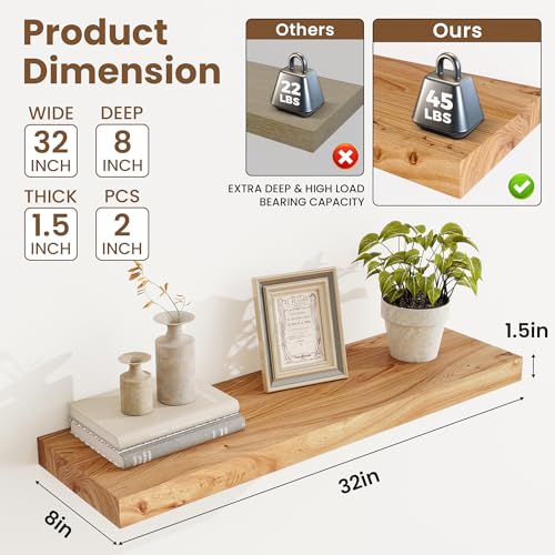 Image of Acovy Extra Deep 32 inch Long Rustic Solid Wood Floating Shelves for Wall, Wall Shelves with Invisible Bracket for Living Room Bathroom Bedroom Kitchen, Set of 2, Natural