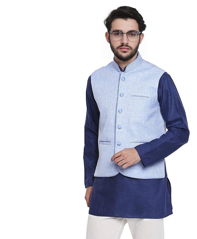 bobuti Men's Nehru Modi Jacket, Light Blue Sleeveless Waistcoat, Traditional Indian Ethnic Wear-picture-33
