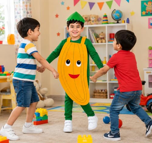 Image of Raj Costume Kids Mango Fruit Costume Apron with Cap for Boys & Girls | Cute Yellow Cutout Fancy Dress | Soft Felt Fabric | Role Play Outfit