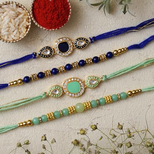 Image of eCraftIndia Set of 4 Multicolor Beads Kundan Designer Rakhis, Best Bro Ever Fridge Magnet with Roli Chawal Pack - Rakhis for Brother, Bhabhi, Kids