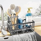 Kitsure Sponge Holder for Kitchen Sink - Rustproof Stainless Steel Sink Caddy Organization and Storage Essentials with High Brush Holder, Home Decor Accessories, 7.9' x 3.7' x 6.2', Black