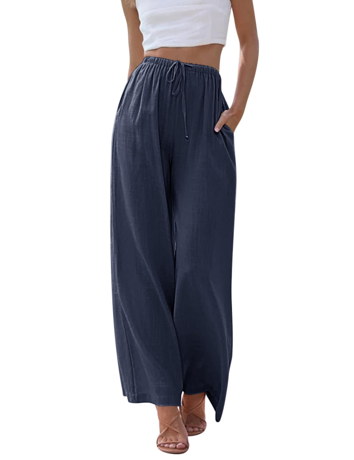 Voqeen Pantaloni Estivi da Donna in Lino Pantaloni Casual in Cotone e Tessuto di Lino Pantaloni Casual Monocromatici Pantaloni da Spiaggia a Vita Alta e Gamba Larga con Tasche