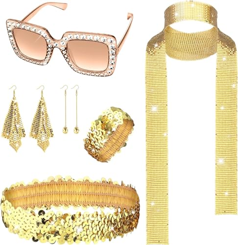 Diamday 6 peças 70s Disco acessórios para mulheres disfarces kit de pedraria armação grossa Bling sol óculos comprido lantejoulas lenço brincos diadema pulseira bola brincos retro disco festa jóias