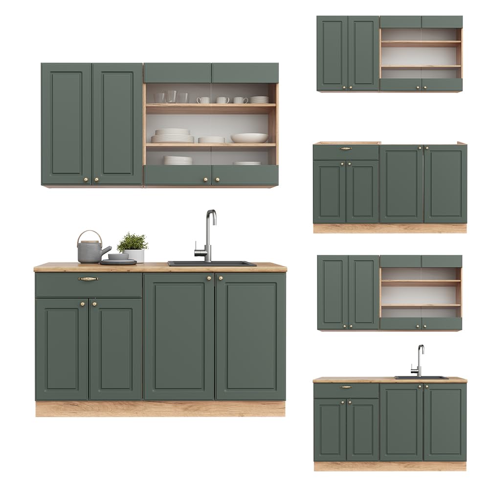 Vicco Cucina completa Fame-Line, Quercia verde-oro Country/oro Power, 140 cm, PL Rovere, per la libera combinazione con moduli cucina aggiuntivi