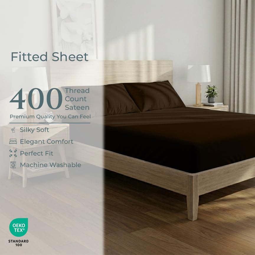Image of Royale Linens 400 Thread Count Twin Fitted Sheet Only - 100% Cotton Bottom Sheets - Luxury Sateen Weave - All Around Elastic Deep Pocket Fitted Sheet - Durable & Soft - Fit Up to 16 inch (Egyptian Camel)