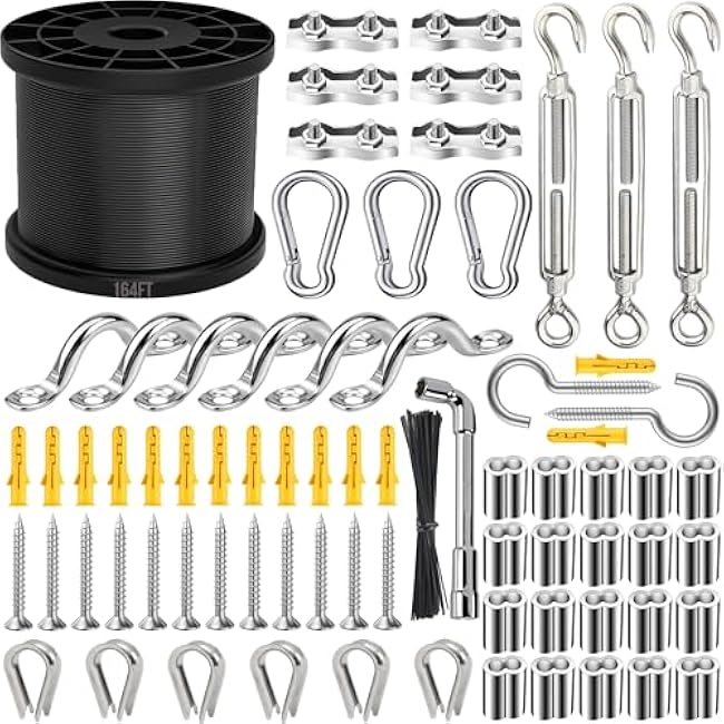 164FT Black Vinyl-Coated 304 Stainless Steel Cable ÿ Heavy Duty String Lights Hanging Kit with Turnbuckle, Thimble & Hooks for Outdoor, Patio, Garden, Christmas Lights